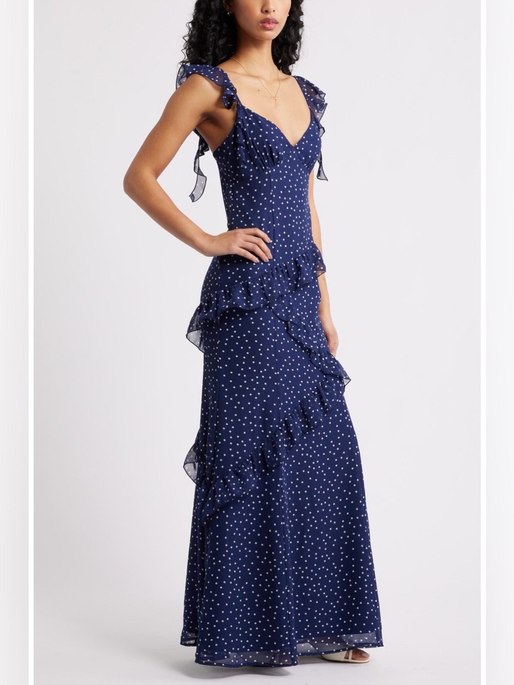 BP Navy Polka Dot Asymmetric Ruffle Tiered Maxi Dress | Size M - Picture 3 of 17